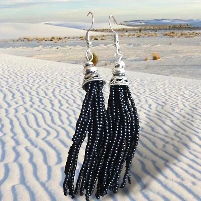 Glass Beaded Earrings Handmade Tibet Silver Gift Unisex Black - Image 1 of 4