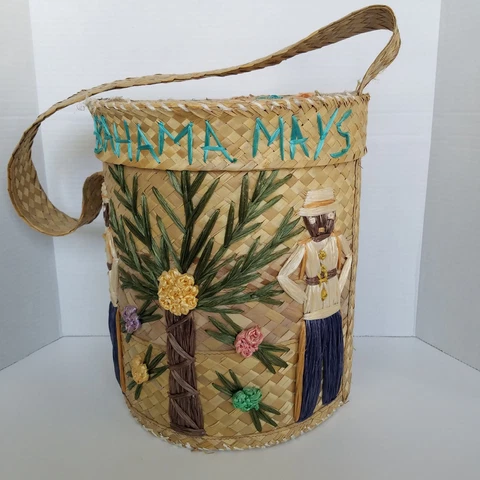 Vtg Bahama Mays Woven Basket With Lid Flowers Palmtree Embroidery  Beach Picnic Cover