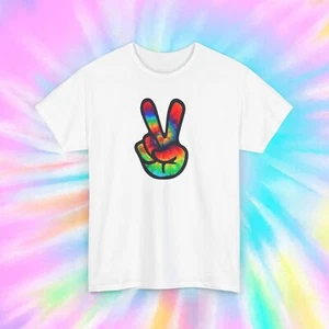 Rainbow Peace Sign Shirt Tie-Dye Hand Graphic Tee Hippie Retro Gift S-5XL - Picture 1 of 13