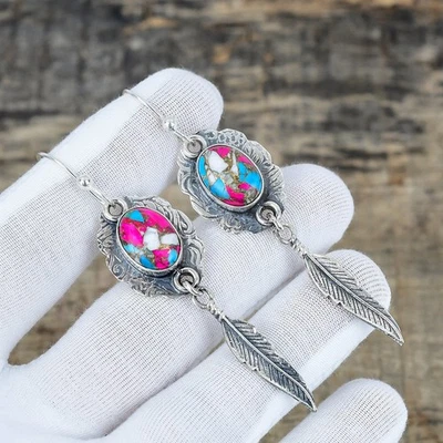 Natural Algodón Caramelo Spiny Turquesa Pendiente 925 Plata de Ley Joyería - Imagen 1 de 4