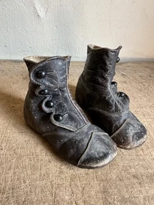 Antique Child's Tall Black Leather Button Boot Shoes Textile all buttons intact￼ - Picture 1 of 12