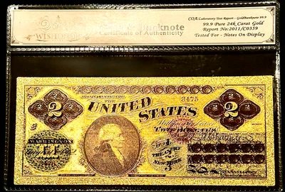 1862 $2 BILL UNITED STATES 24K GOLD BANKNOTE IN PROTECTIVE SLEEVE W COA - Image 1 of 3