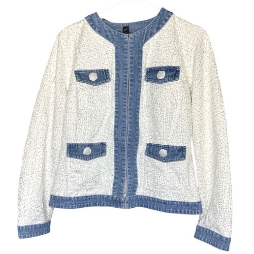 OFF WHITE Giacca Shimmer tweed denim orlo bianco sporco taglia 8 nuova con etichetta