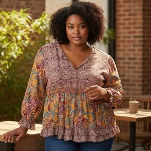 Romantic Gypsy Womens Plus 2X Orange Red Floral Paisley Smocked Ruffle Top Boho - Picture 1 of 12