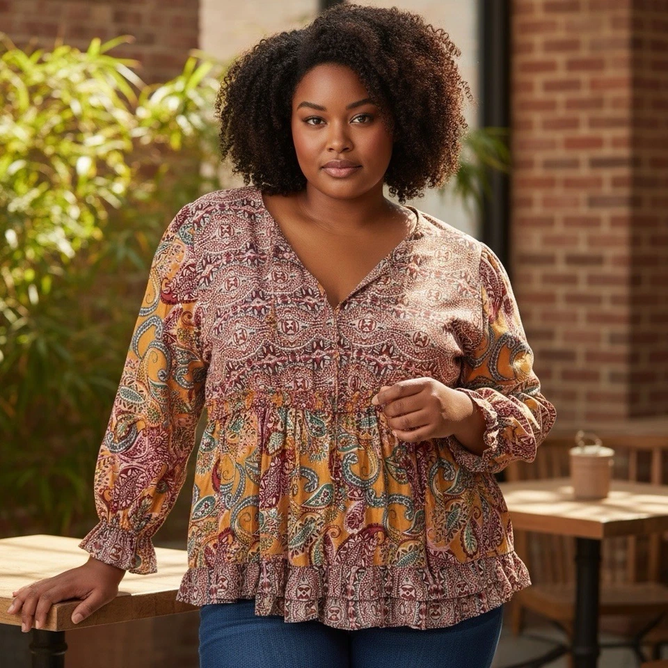 Romantic Gypsy Womens Plus 2X Orange Red Floral Paisley Smocked Ruffle Top Boho - Image 1 of 4