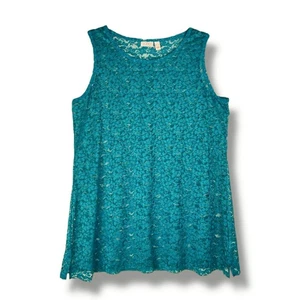 LOGO Lori Goldstein Tank Top XL Green Floral Lace Sleeveless Sheer Stretch - Picture 1 of 8