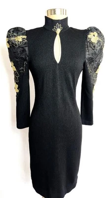 Vestido de Noche Vintage Y2k LILLIE RUBIN Talla M Negro Tejido Santana Manga Abullonada Foto 1 de 4