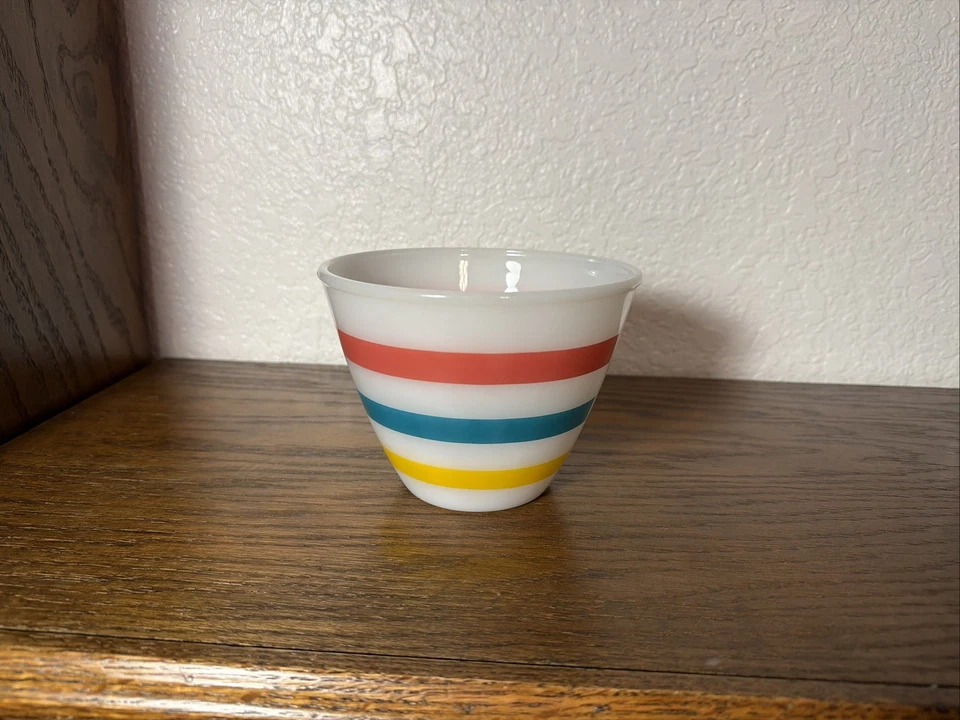 VTG Fire King Colonial Bands Stripes Grease Bowl (no lid)- Red Teal Yellow - Image 1 of 4