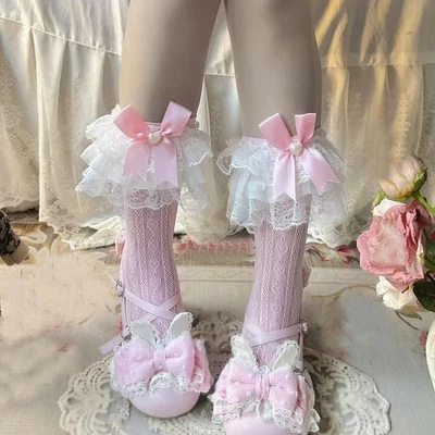洛丽塔女孩甜花边小腿袜蝴蝶结褶皱公主学校日本可爱袜子 — 第 1/3 张图片