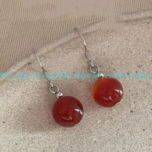 Natural 10mm Red Carnelian Round Gemstone Beads Dangle Hook Earrings - Picture 1 of 9