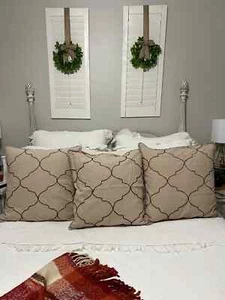 3 Pottery Barn Tile Pillow Cover Beige 22” Embroidered Moroccan Khaki Tiled Gold - Picture 1 of 4