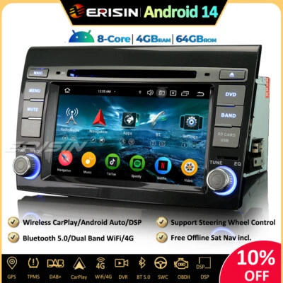 64GB DAB+Android 14 Autoradio GPS Navi per Fiat Bravo CarPlay DVD Wifi DSP OBD2 - Immagine 1 di 4