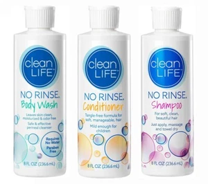Clean Life No Rinse Body Wash, Shampoo & Conditioner 8 Fl. Oz Each Bottle - Picture 1 of 1
