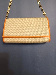 Karen Callen Straw Clutch Orange Trim Chain Handle - Picture 1 of 12