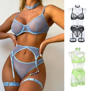 Brief Sets Setup Blue Transparent Ladies Garters Lace Seamless Erotic Lingerie - Picture 1 of 21
