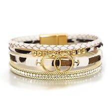 Bohemian Charm Leopard Leather Bracelets Metal Beads Multilayer Wrap Jewelry