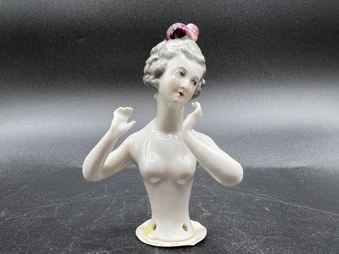 Vintage German Porcelain Pin Cushion Half Doll-Arms Away With Headress,  4" Cover