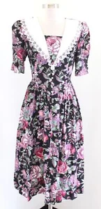 Vintage 90er schwarz Blumen Spitze Kragen Tie Taille Retro Hemd Kleid Größe 9/10 bescheiden - Bild 1 von 9