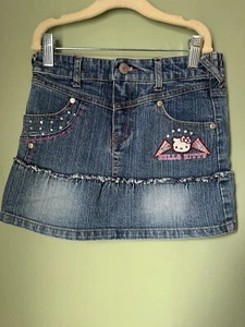 Y2K Sanrio Hello Kitty Girls 5 Denim Jean Skirt Embroidery Cheerleader Stretch - Picture 1 of 5