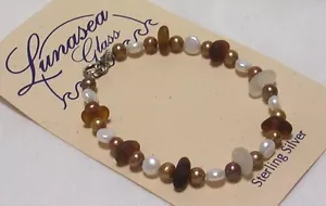 LUNASEA TREASURES AMBER WHITE GOLD DRILLED SEA GLASS WHITE PEARL BRACELET 7 1/2" - Picture 1 of 3