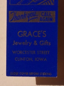 1940er Grace's Schmuck & Geschenke Clinton IA Streichholzschachtel Iowa - Bild 1 von 1