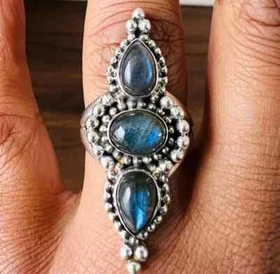 Labradorite Ring, 925 Sterling Silver Ring, Three Stone Ring, Statement Ring, - Image 1 of 4