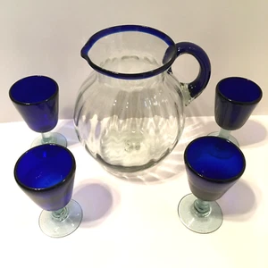 Vintage Mexican Hand-Blown Recycled Glass Cobalt Trim Pitcher and 4 Glasses - Picture 1 of 24
