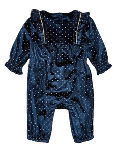 GIRLS M&S BABY GROW VELOUR SUIT NAVY & GOLD SPOT SIZE 0-3 MONTHS - BNWT - Picture 1 of 4