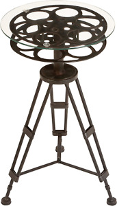 Deco 79 Metal Film Reel Accent Table with Tripod Legs and Glass Top, 15" x 15" x
