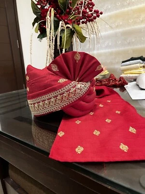 Turbante de boda Safa rojo indio boda real novio Sherwani Safa Pagri turbante Foto 1 de 4