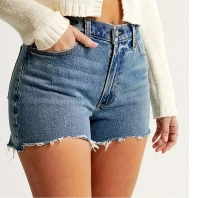 Abercrombie & Fitch The Mom Short High Rise 33/16 Curve Love Med Wash Cut Offs - Image 1 of 4