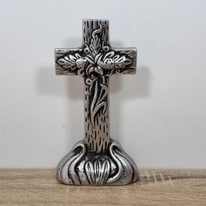 Vintage Pewter Cross – Made in Mexico – Floral Embossed – Rustic Folk Art - Picture 1 of 7
