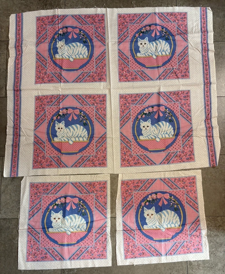 Cat Kitty Pillow Quilt Fabric Panel Pink Blue VIP Cranston Print Works 80’s Vtg - Image 1 of 4