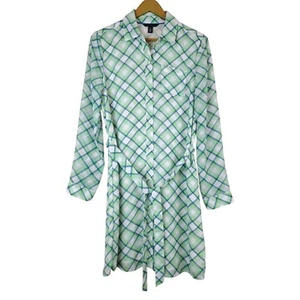 Tommy Hilfiger grün transparent kariertes T-Shirt Kleid Langarm Gr. M zum Binden Sommer - Bild 1 von 11