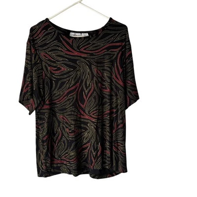 Kathy Ireland Plus Size 1X Black Artsy Print Slinky Knit 3/4 Sleeve Top - Image 1 of 4