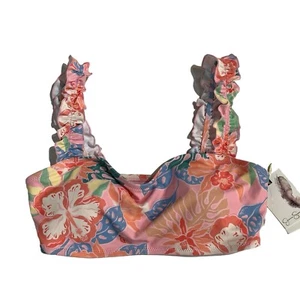 Jessica Simpson Bikini Top Womens L Pink Floral Tropical Bandeau Ruffle Straps - Picture 1 of 4
