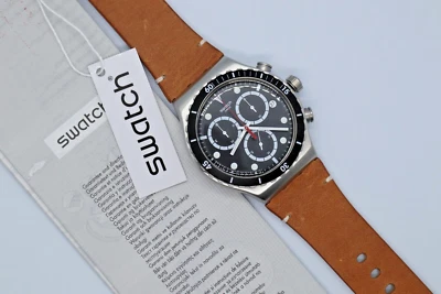 New Swiss Swatch IRONY Disorderly Chrono Leather Date Watch 43mm YVS424 - Image 1 of 4