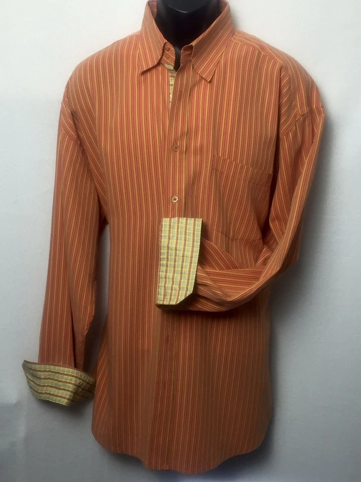 Bugatchi Uomo Shirt Flip Cuff Stripe Plaid Contrast Orange Yellow Salmon - Image 1 of 4