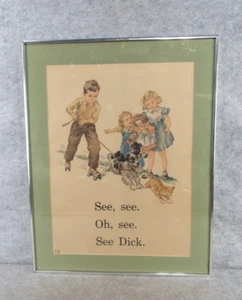 Vintage Dick And Jane Framed Page From Teacher Edition Reader Book - Child Room - Picture 1 of 11