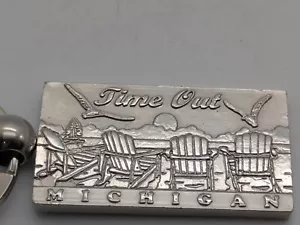 Michigan Souvenir Keychain Metallic Silvertoned "Time Out" - Picture 1 of 4