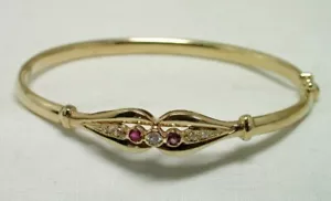 Vintage Lovely 9ct Gold Ruby And White Stone Hinge Bangle 22163 - Picture 1 of 5