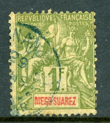 France Colonies 1894 Diego Suarez 1 Franc Bronze Green Scott #35 VFU O236 - Image 1 of 4