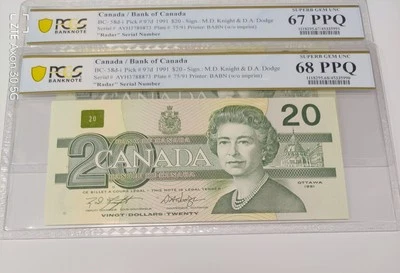 2 RADAR Notes 1991 Bank of Canada $20 AYH3788873/Ms68 & AYH3789873/Ms67@#2023 - Image 1 of 4