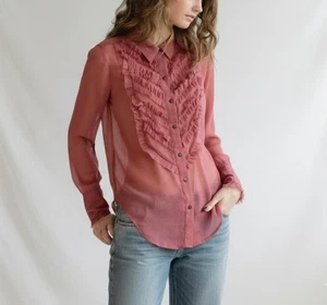 Blusa Free People malva con volantes transparentes con botones talla mediana - Imagen 1 de 12
