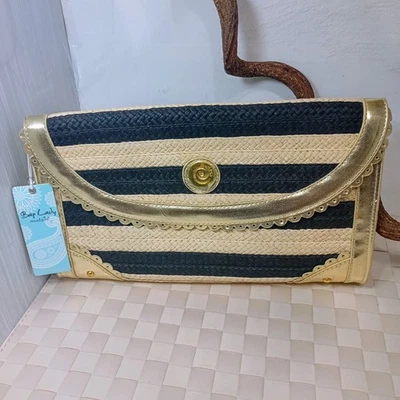 Pastel de barro - Paja a rayas - Bolso sin asas sobre - Negro tostado y dorado Nuevo con etiquetas Foto 1 de 4