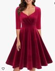 Bbonline Dark Red L Velvet Swing Party Dress 1/2 Sleeve Midi Empire Waist