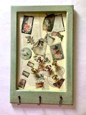 Shabby Chic Wall Magnetic Msg Board Cottage Moss Green with 5 Magnets 3 Hooks - Image 1 of 4