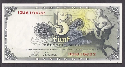[XF-AU] 1948 Germany Federal 5 Deutsche Mark P-13i 10U-610622 [012-2] - Image 1 of 2
