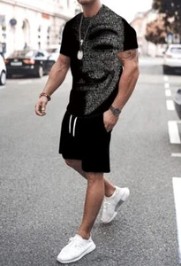 T-Shirt Men Anonymous Face Beach Black Graphic Sports Suit Silky Soft Shorts SET - Picture 1 of 1