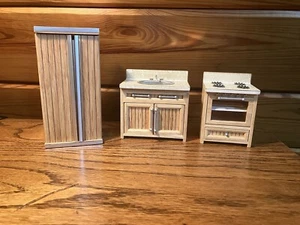 DOLLHOUSE Oak Kitchen Appliance Set Refrigerator Stove and Sink 1:12 Miniature - Picture 1 of 14